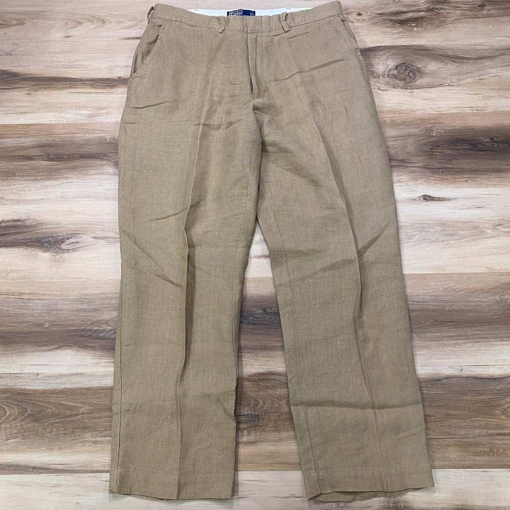 Polo Ralph Lauren Linen Trousers 34/30 Beach Casual Straight Leg Khaki Vintage
